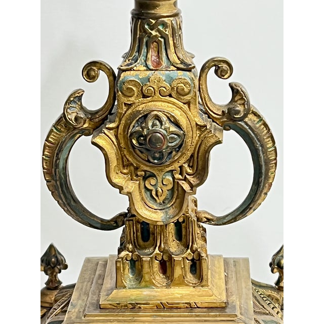 19th Century Pair of 19th Century French Gilt Bronze Champlevé Candelabras For Sale - Image 5 of 12