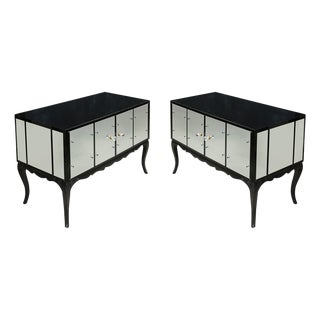Pair of Hollywood Regency Black Glass and Mirror Cabinets With Cabriole Legs For Sale