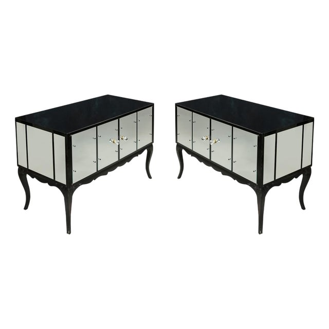 Pair of Hollywood Regency Black Glass and Mirror Cabinets With Cabriole Legs For Sale