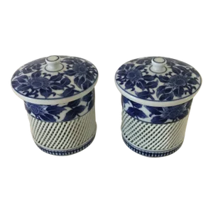 Vintage Arita Imari Japan Blue & White Floral Motif Tea Jars- a Pair