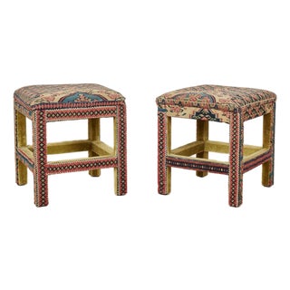 Pair of Stools Upholstered in Antique Persian Kilim For Sale