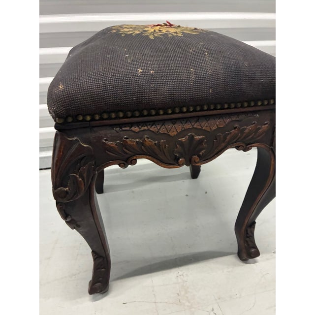 Late 19th Early / 20th Century Mahogany Stool With Ornately Carved Cabriole Legs, and Apron Consistent With Victorian or French Provincial Styling. For Sale In Chicago - Image 6 of 7