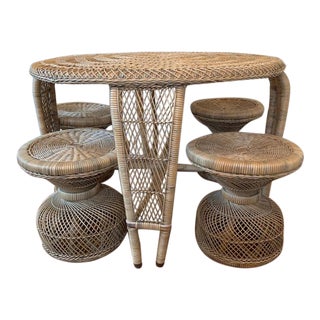 1970's Boho Chic Wicker Table With 4 Stools - 5 Pieces For Sale