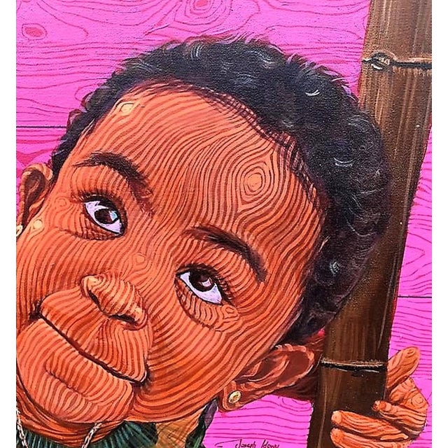 Figurative The Girl and the Bamboo 2 by Joseph Idowu | Acrylic on canvas of a girl with bamboo and a pink background For Sale - Image 3 of 4