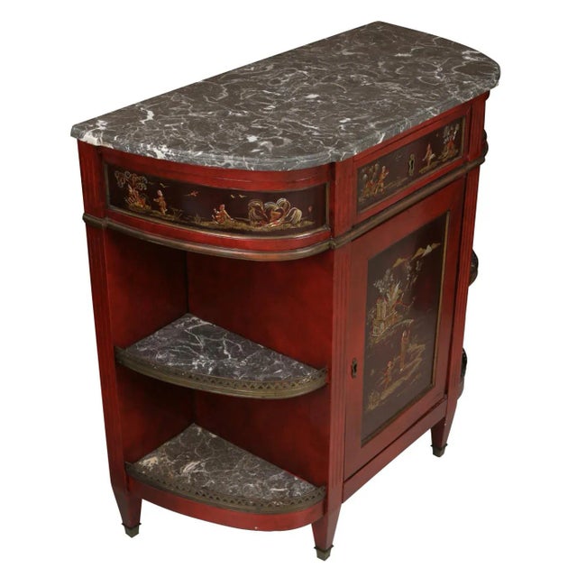 Chinoiserie Pair of Antique Demi Lune Sideboards With Marble Top, Open Shelves and Chinoiseries Details For Sale - Image 3 of 6
