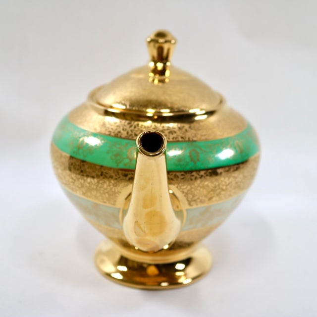 Rococo Mid-20th Century LeMieux China 24k Gold Encrusted Porcelain Teapot With Mint Green Band For Sale - Image 3 of 12