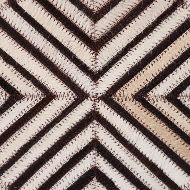 Handmade Beige Brown Geometric Cowhide Leather Ottoman Pouf 18x18x18 In For Sale - Image 4 of 6