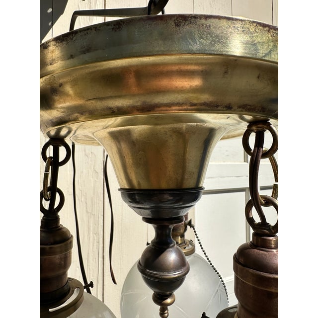 Vintage Three Light Brass Semi-Flush Mount Fixture With Vintage Shades For Sale - Image 11 of 12
