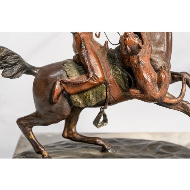1920s Amazing Antique Cold Painted Bronze Sculpture Statue Native American Indian on Horse Western Art For Sale - Image 5 of 14