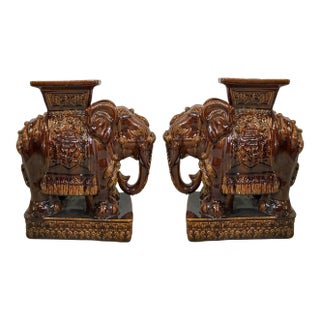 Mid-Century Chinese Brown Majolica Glazed Ceramic / Pottery Elephant Garden Seats / Tables - Pair For Sale