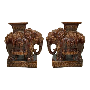Mid-Century Chinese Brown Majolica Glazed Ceramic / Pottery Elephant Garden Seats / Tables - Pair