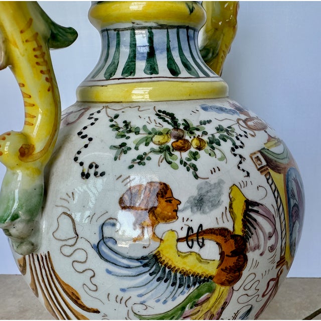 Blue Italian Majolica Hand Painted Ceramic Pottery Face Handles Vase For Sale - Image 8 of 16