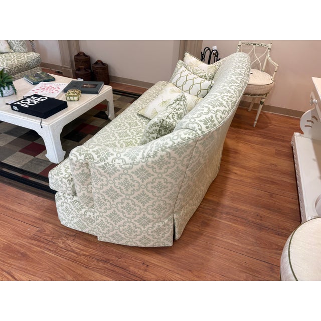 Late 20th Century Pair of Kravet Traditional Skirted Sofas in Sage Green Damask For Sale - Image 5 of 6