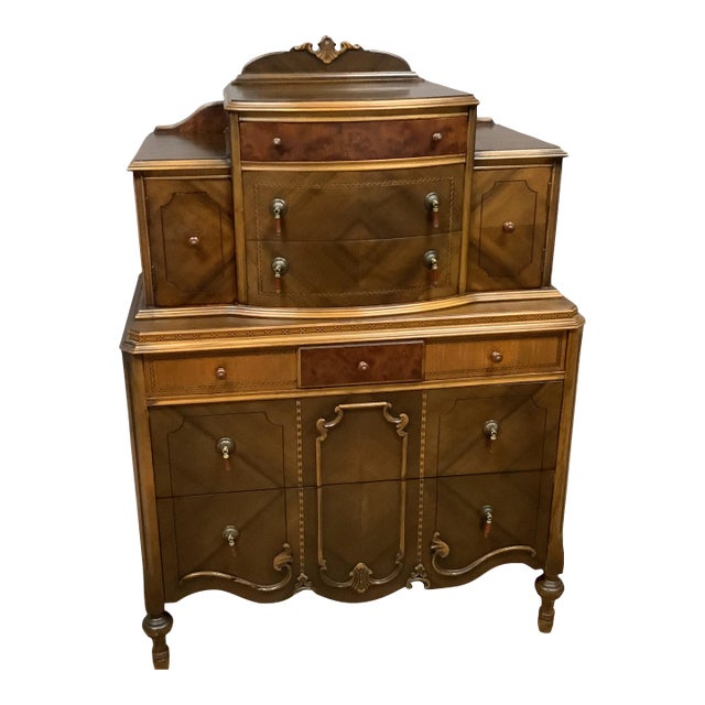 Antique Burled Wood Dresser Bakelite Handles 10 Drawer Tiered Inlaid Trim Solid Wood Depression Era For Sale