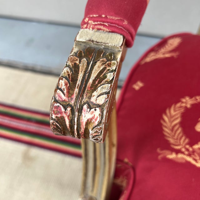 A Vintage Red Upholstered Painted Decorated and Carved French Bergere Arm Chair For Sale - Image 6 of 12