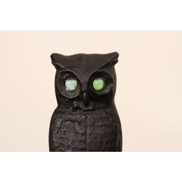 Vintage Cast Iron Perched Owl Andirons With Blue Green Glass Eyes For Sale - Image 13 of 18