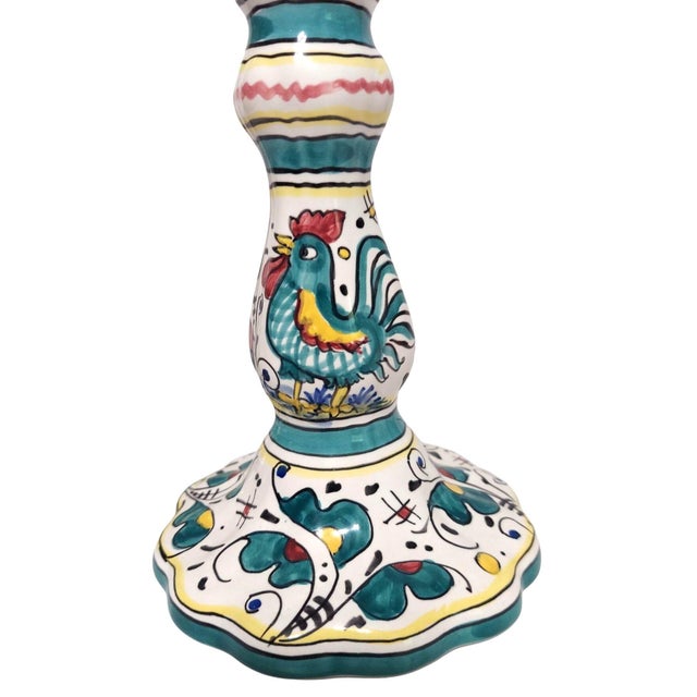 Pair of Vintage Italian Candlesticks Roosters Yellow Green Bird Hand Painted d'Arna Perugia Italy For Sale - Image 4 of 8