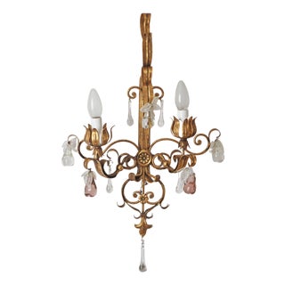 Venetian Hollywood Regency Chandelier with Crystal Glass & Leaves, 1950s For Sale