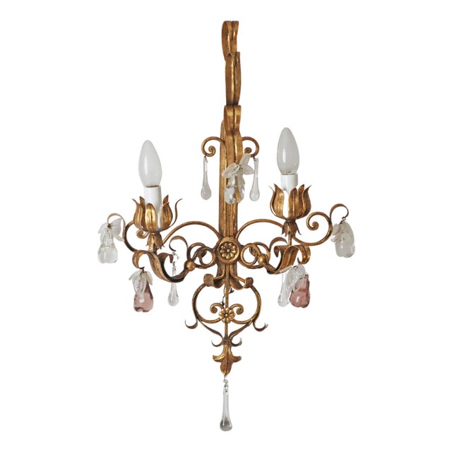 Venetian Hollywood Regency Chandelier with Crystal Glass & Leaves, 1950s For Sale