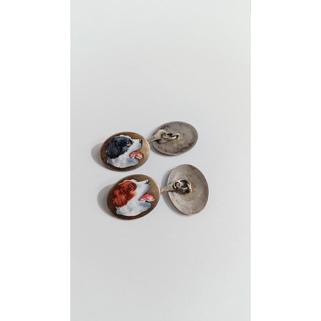 Art Deco Silver Cufflinks Enameled with Hunting Dogs, 1930s, Set of 2 For Sale - Image 6 of 11
