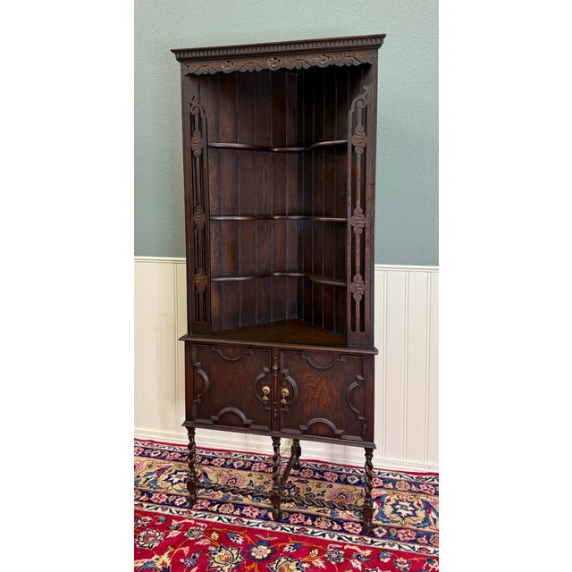 Antique English Jacobean Dark Oak Corner Cabinet with Open Shelves, Lower Cabinet and Key~~TALL~~c. 1920s Carved upper...