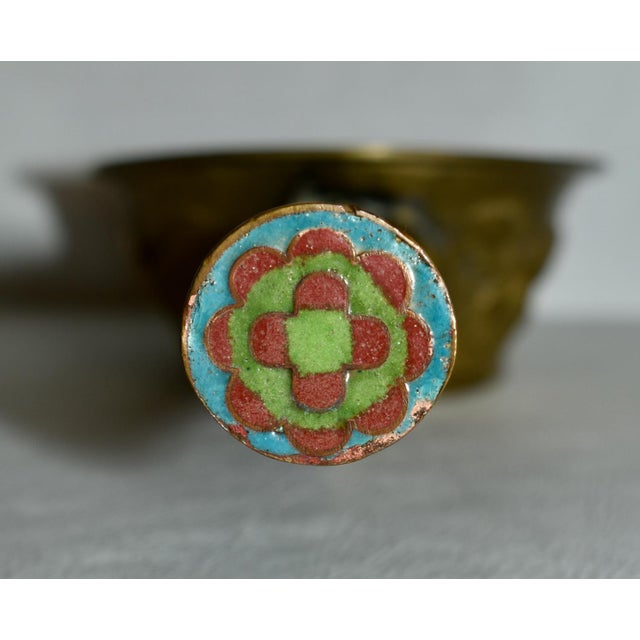 Early 20th Century Antique Chinese Brass Silk Iron Coal Pan W/Cloisonné Handle With Flowers For Sale - Image 5 of 13