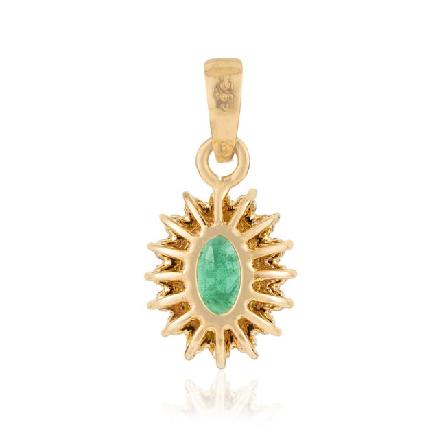Vintage Inspired Emerald & Diamond Halo Sunburst Pendant in 14k Yellow Gold For Sale - Image 11 of 16