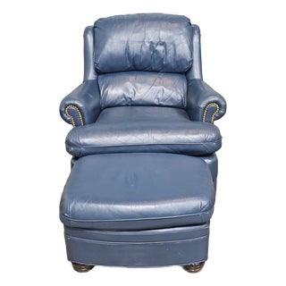 Late 20th Century Hancock & Moore Blue Leather Club Chair Arm Chair W Match Ottoman For Sale