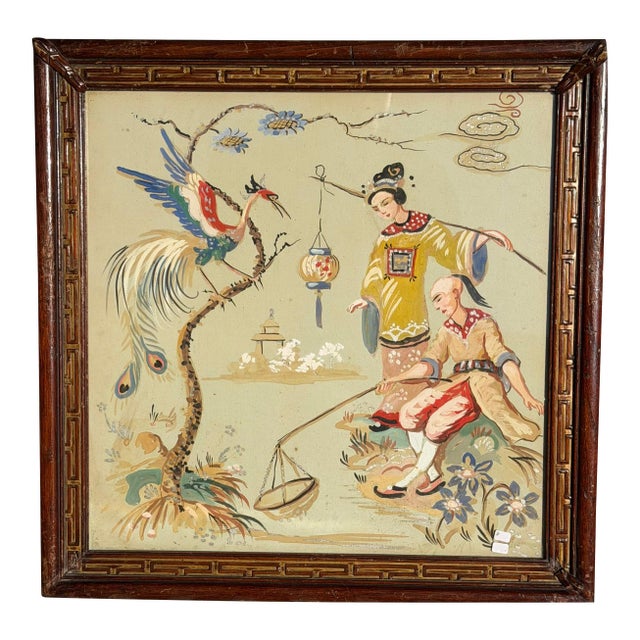 Antique Chinoiserie Gouache Painting in Art Deco Frame For Sale