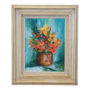 Mid 20th Century Vintage C Knight Orange Flowers Copper Vase Still Life Oil Painting on Board 24", Framed