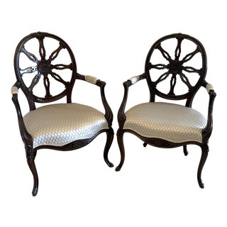 Antique Victorian Carved Mahogany Spider Web Back Desk Chairs, 1880, Set of 2 For Sale