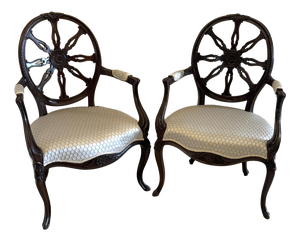Antique Victorian Carved Mahogany Spider Web Back Desk Chairs, 1880, Set of 2