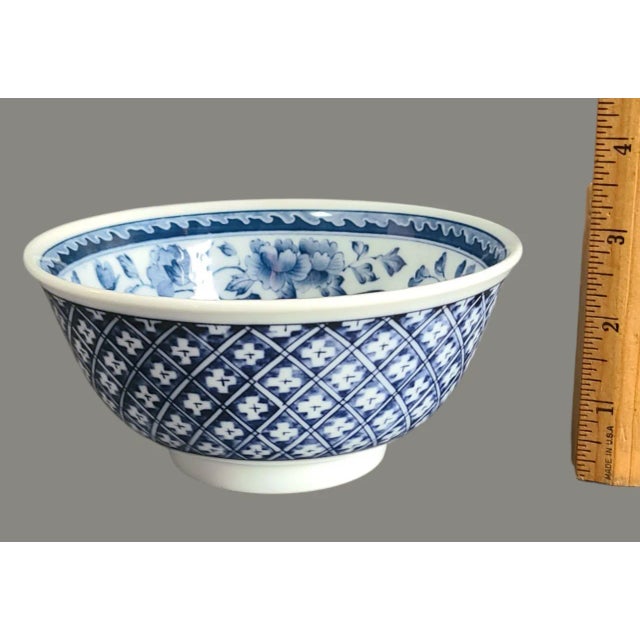 Vintage Pair of Blue & White Porcelain Floral Japanese Asian Serving Rice Bowls, Marked For Sale - Image 6 of 7