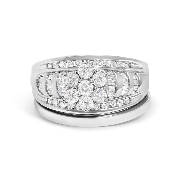 Crafted from luminous 14K white gold, this bridal set glimmers with a harmonious cluster of expertly placed natural...