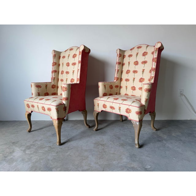 Vintage Hollywood Regency Style Floral Upholstered Wingback Lounge Chairs – A Pair For Sale - Image 11 of 15