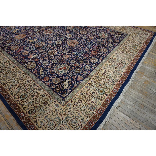 Navy Blue 1940s Mid 20th Century Blue Navy Antique Hunting Handknotted Wool Carpet Rug For Sale - Image 8 of 9