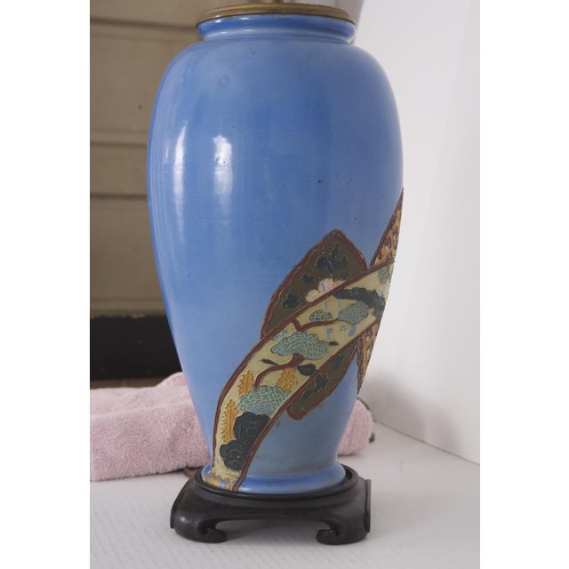 Antique Blue Satsuma Pottery Chinoiserie Lamp For Sale - Image 4 of 5