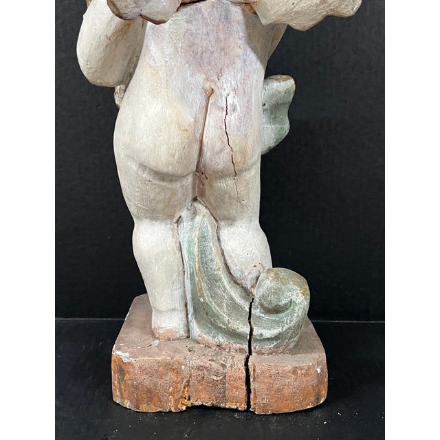 Wood Vintage Carved Wood Standing Angel Sculpture With Glass Eyes For Sale - Image 7 of 9