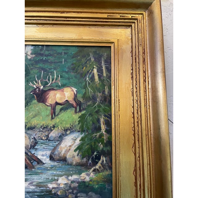 Green Original Oil of an Elk on Board by Jack Koonce Entitled “East Fork Bull” Circa 2003 Usa For Sale - Image 8 of 10