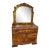 Vintage Art Deco Waterfall Dresser With an Attached Arched Mirror Featuring Amber-Tinted Glass Panels and Geometric Wood Inlay on Casters For Sale