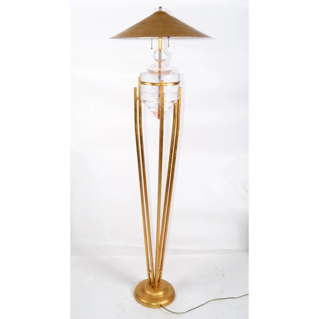 Art Deco Art Deco Style Brass, Metal and Stacked Lucite Module Floor Lamp Golden Shade For Sale - Image 3 of 13