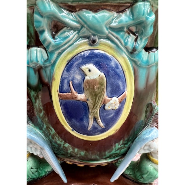 Antique English Majolica Cache Pot Planter Bowl Footed Jardiniere Angels Birds For Sale - Image 10 of 13
