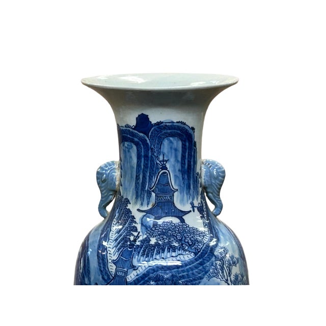 23" Vintage Blue White Scenery Porcelain Elephant Head Ear Art Vase For Sale - Image 10 of 12
