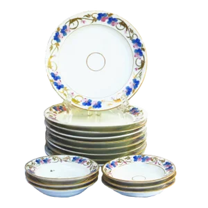 Early 20th Century Handpainted Blue / Pink / Gilt Porcelain Plates & Bowls, Set of 15