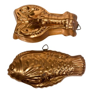 1970s Vintage Copper Lobster and Fish Kitchen Molds - Set of 2 For Sale
