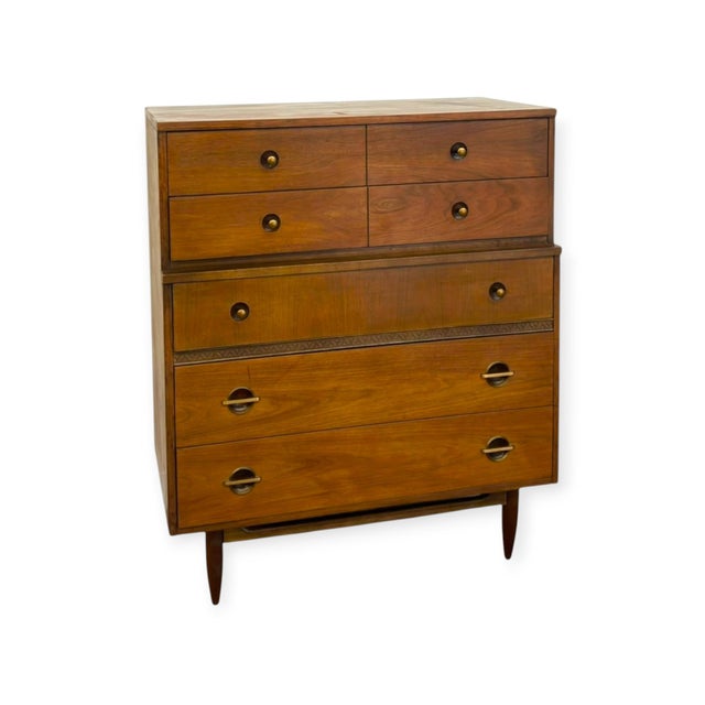 Mid-Century Modern Vintage Mid Century Modern American Walnut Tallboy 5 Drawer Dresser For Sale - Image 3 of 10