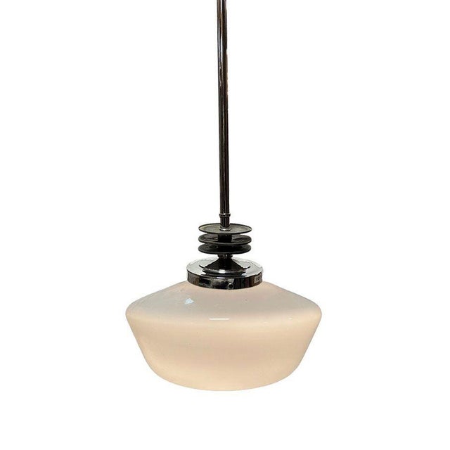 1930s Art Deco Chrome Streamline Pendant Light W/ Opal Schoolhouse Globe For Sale - Image 4 of 5