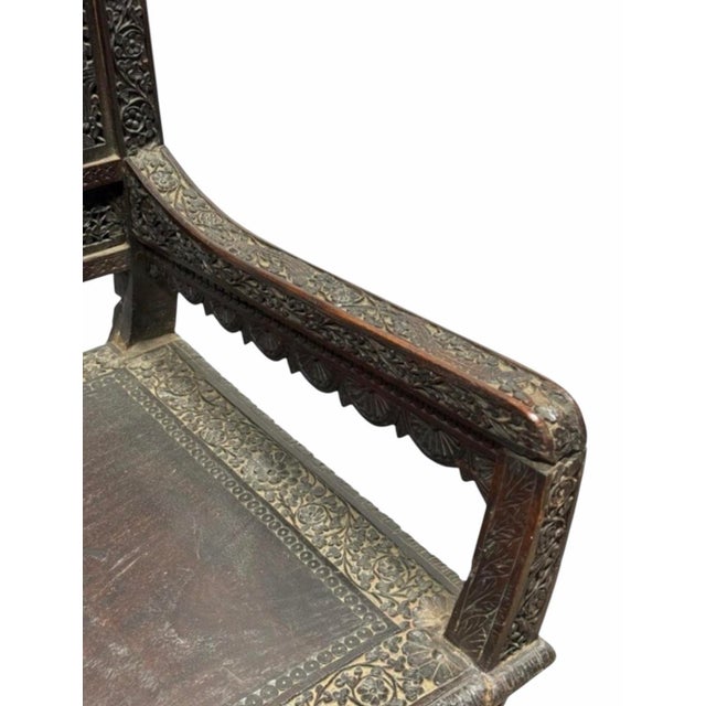 Wood Antique Moorish Carved Folding Throne Chair With Textile Panel | Anglo-Indian Ottoman Revival For Sale - Image 7 of 8