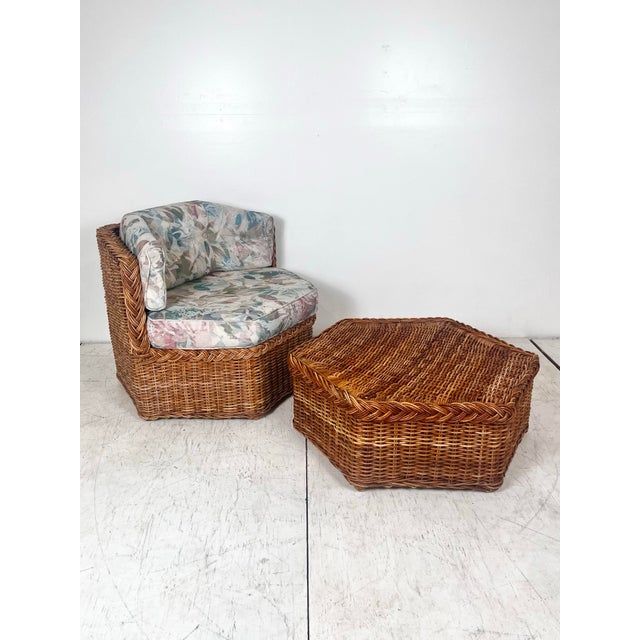 Vintage Braided Wicker Rattan Hexagonal Chair and Ottoman Set For Sale - Image 11 of 11