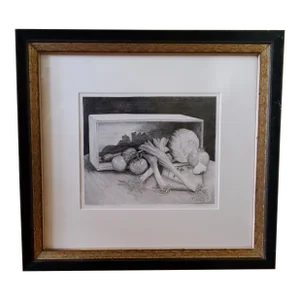Vintage Original Pencil Drawing on Paper of a Still Life of Crate of Produce, Framed